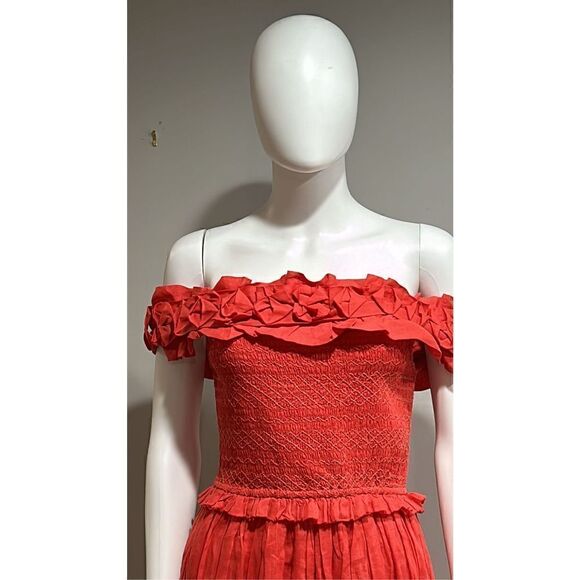 SEA Frida Red Ruffled Off-the-Shoulder Midi Dress Size Small - Picture 7 of 12